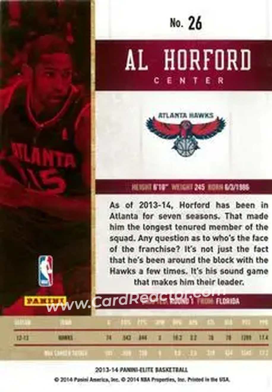 2013-14 Panini Elite #26 - Al Horford - Atlanta Hawks - Back
