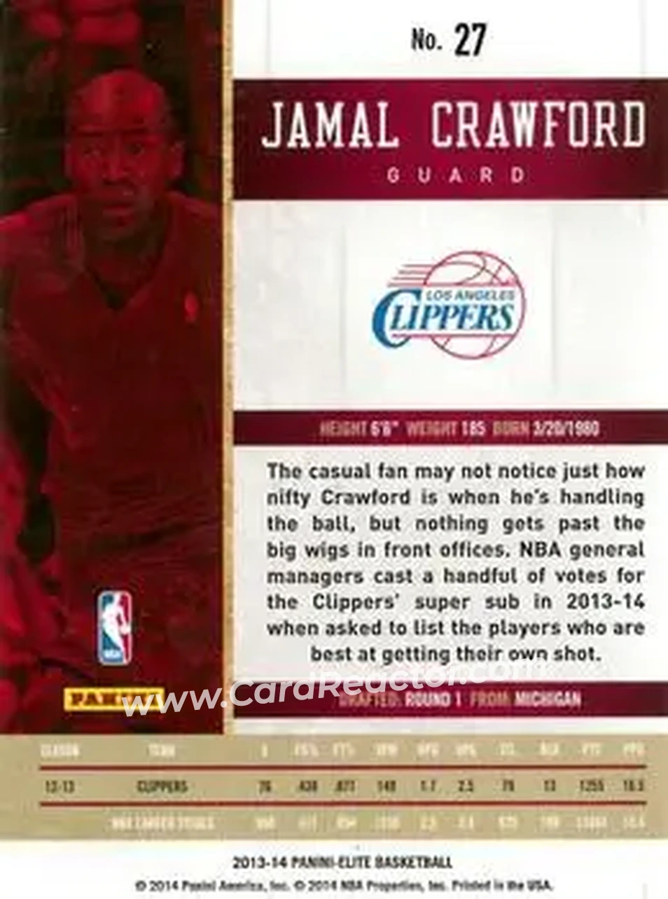 2013-14 Panini Elite #27 - Jamal Crawford - Los Angeles Clippers - Back