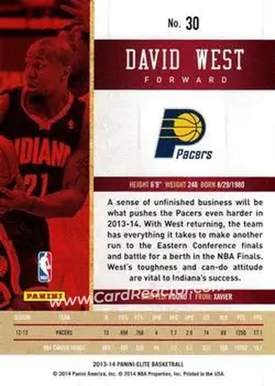 2013-14 Panini Elite #30 - David West - Indiana Pacers - Back