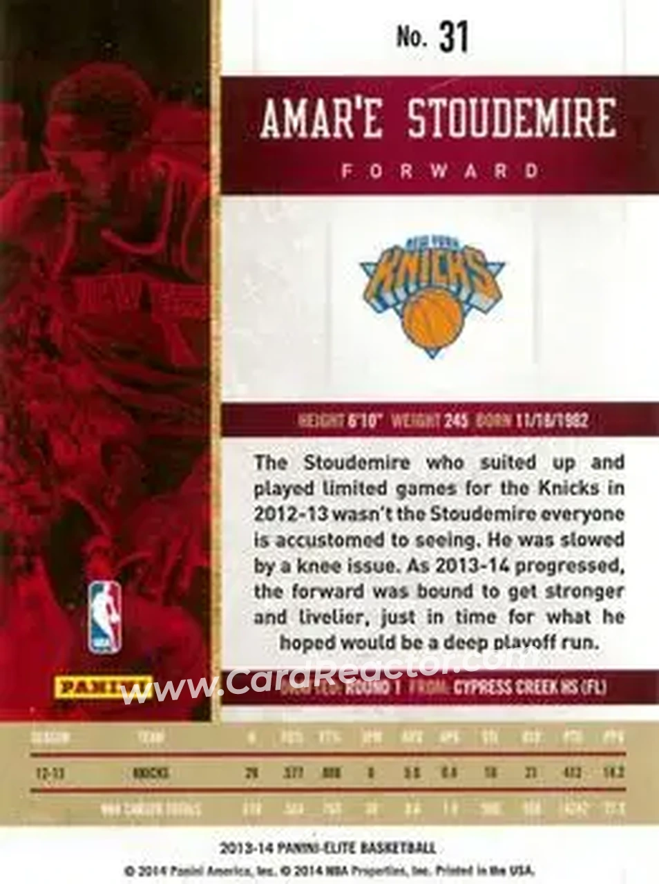 2013-14 Panini Elite #31 - Amar'e Stoudemire - New York Knicks - Back