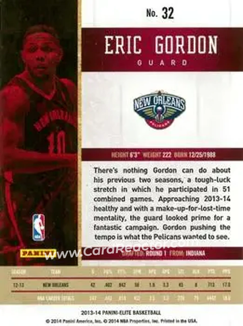2013-14 Panini Elite #32 - Eric Gordon - New Orleans Pelicans - Back