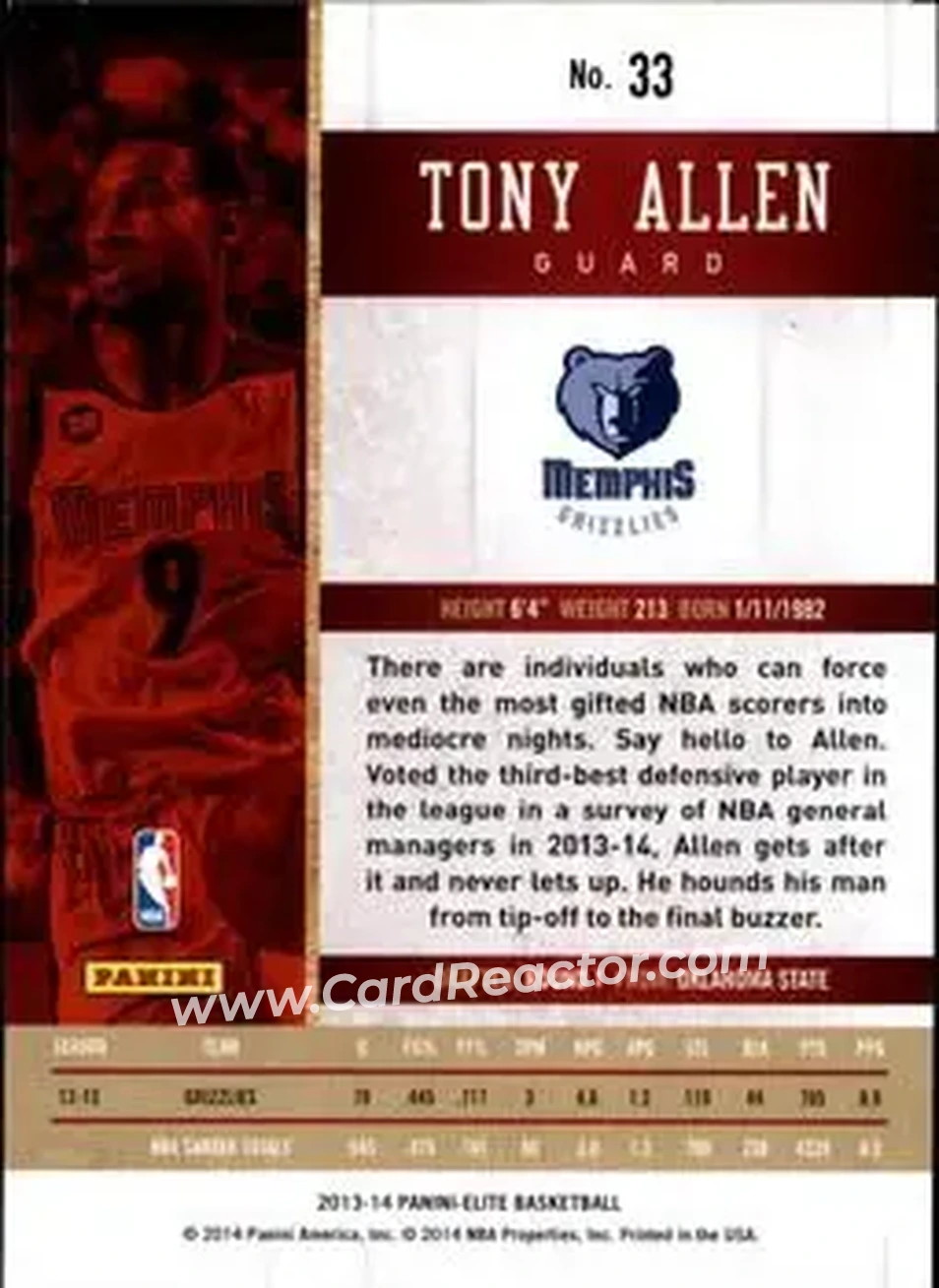 2013-14 Panini Elite #33 - Tony Allen - Memphis Grizzlies - Back