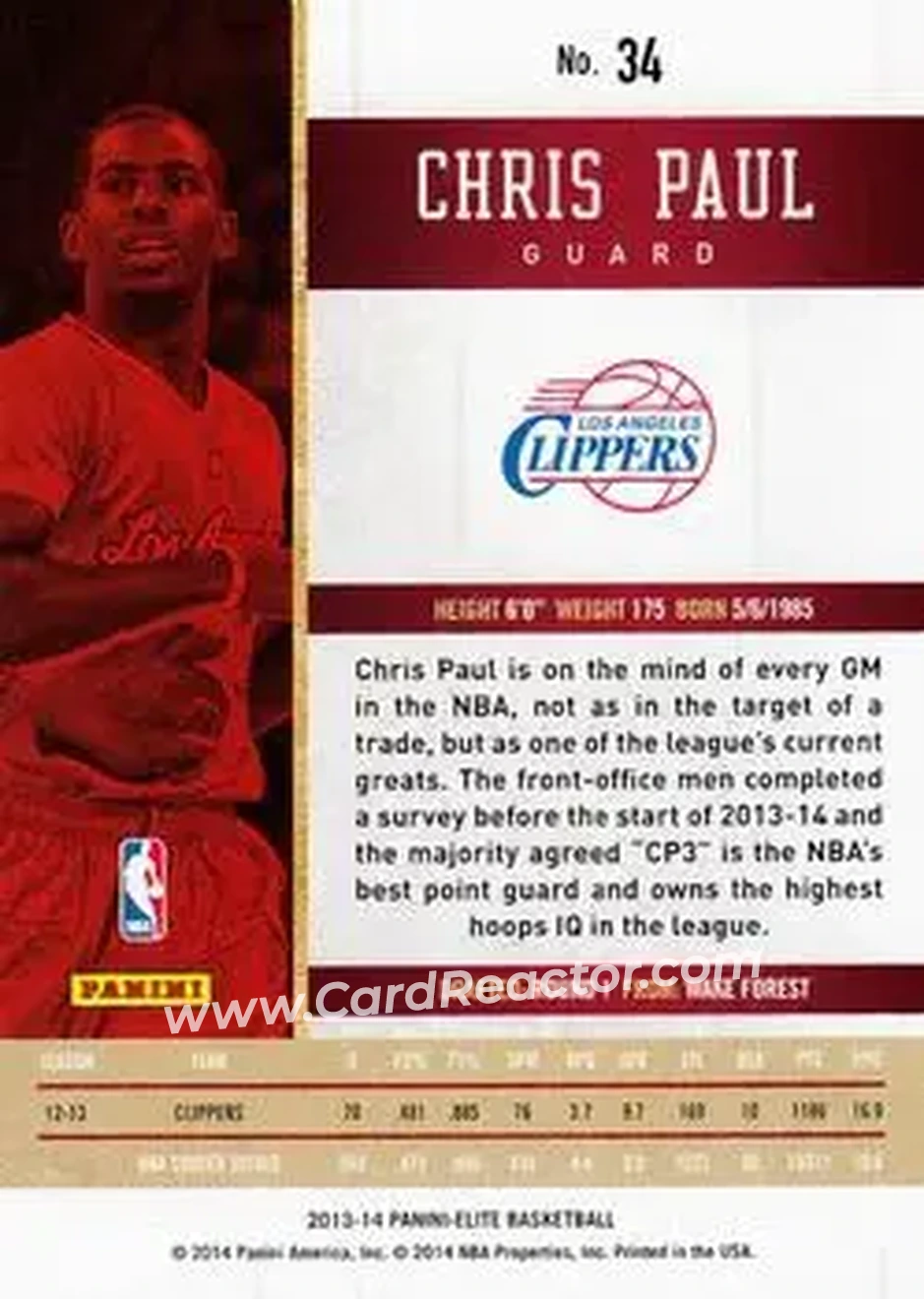 2013-14 Panini Elite #34 - Chris Paul - Los Angeles Clippers - Back