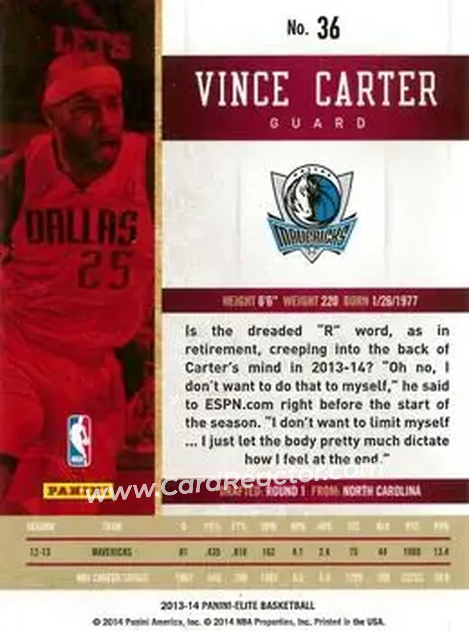 2013-14 Panini Elite #36 - Vince Carter - Dallas Mavericks - Back