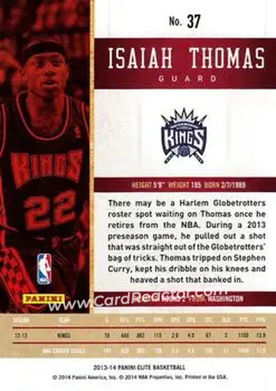 2013-14 Panini Elite #37 - Isaiah Thomas - Sacramento Kings - Back