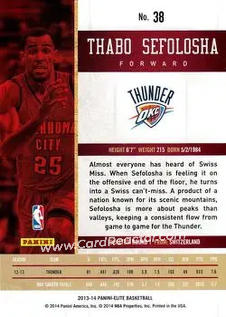 2013-14 Panini Elite #38 - Thabo Sefolosha - Oklahoma City Thunder - Back