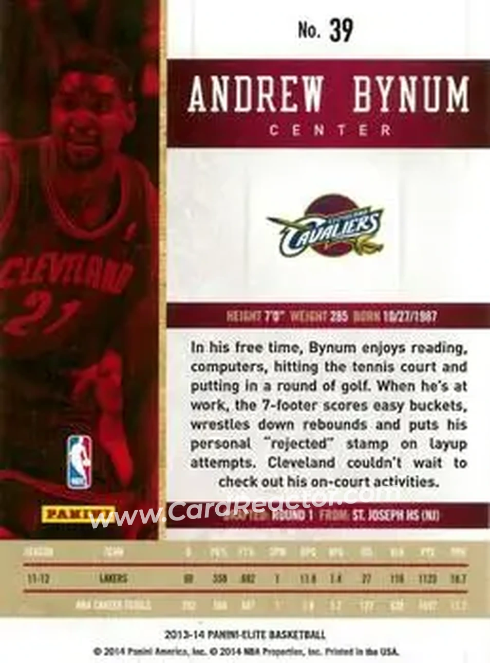 2013-14 Panini Elite #39 - Andrew Bynum - Cleveland Cavaliers - Back