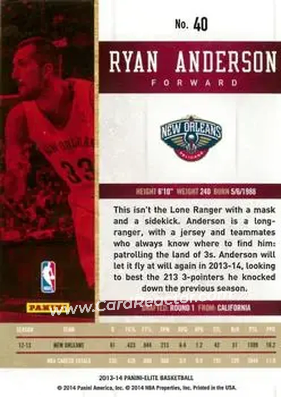 2013-14 Panini Elite #40 - Ryan Anderson - New Orleans Pelicans - Back