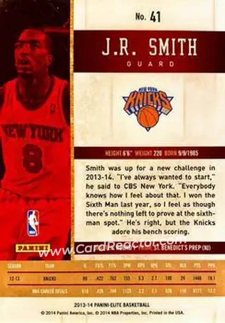 2013-14 Panini Elite #41 - JR Smith - New York Knicks - Back
