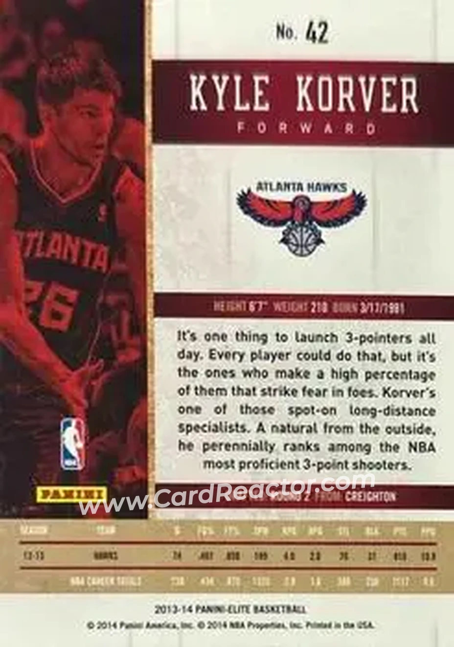 2013-14 Panini Elite #42 - Kyle Korver - Atlanta Hawks - Back 2013-14 Panini Elite #42 - Kyle Korver - Atlanta Hawks - Back