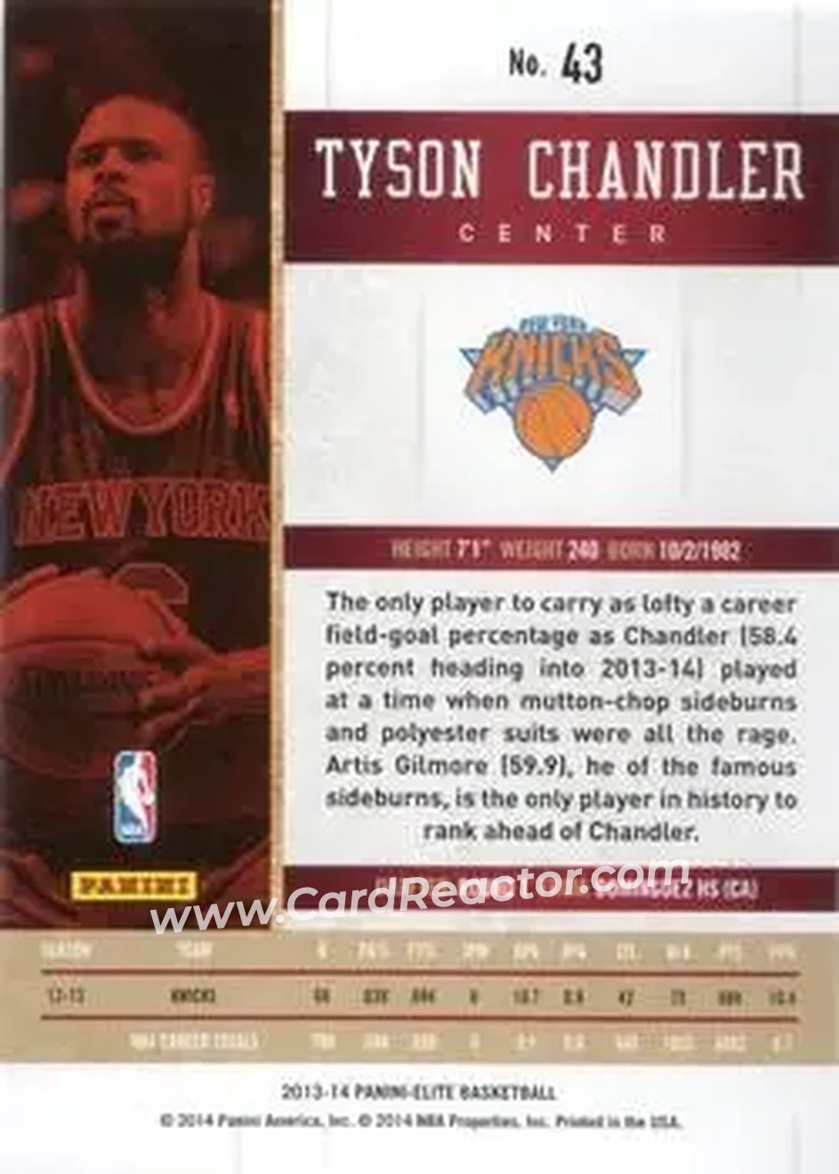 2013-14 Panini Elite #43 - Tyson Chandler - New York Knicks - Back