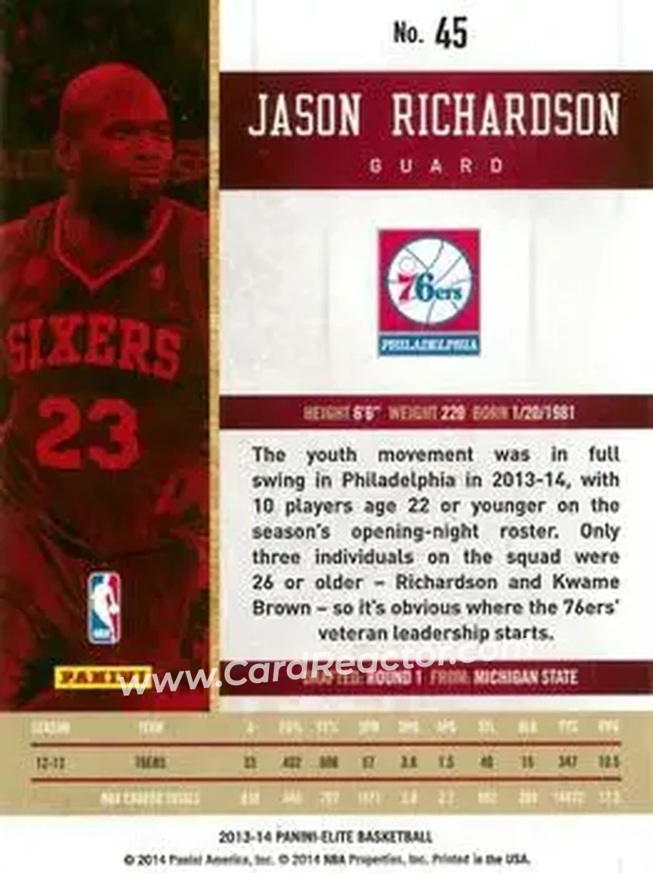 2013-14 Panini Elite #45 - Jason Richardson - Philadelphia 76ers - Back 2013-14 Panini Elite #45 - Jason Richardson - Philadelphia 76ers - Back