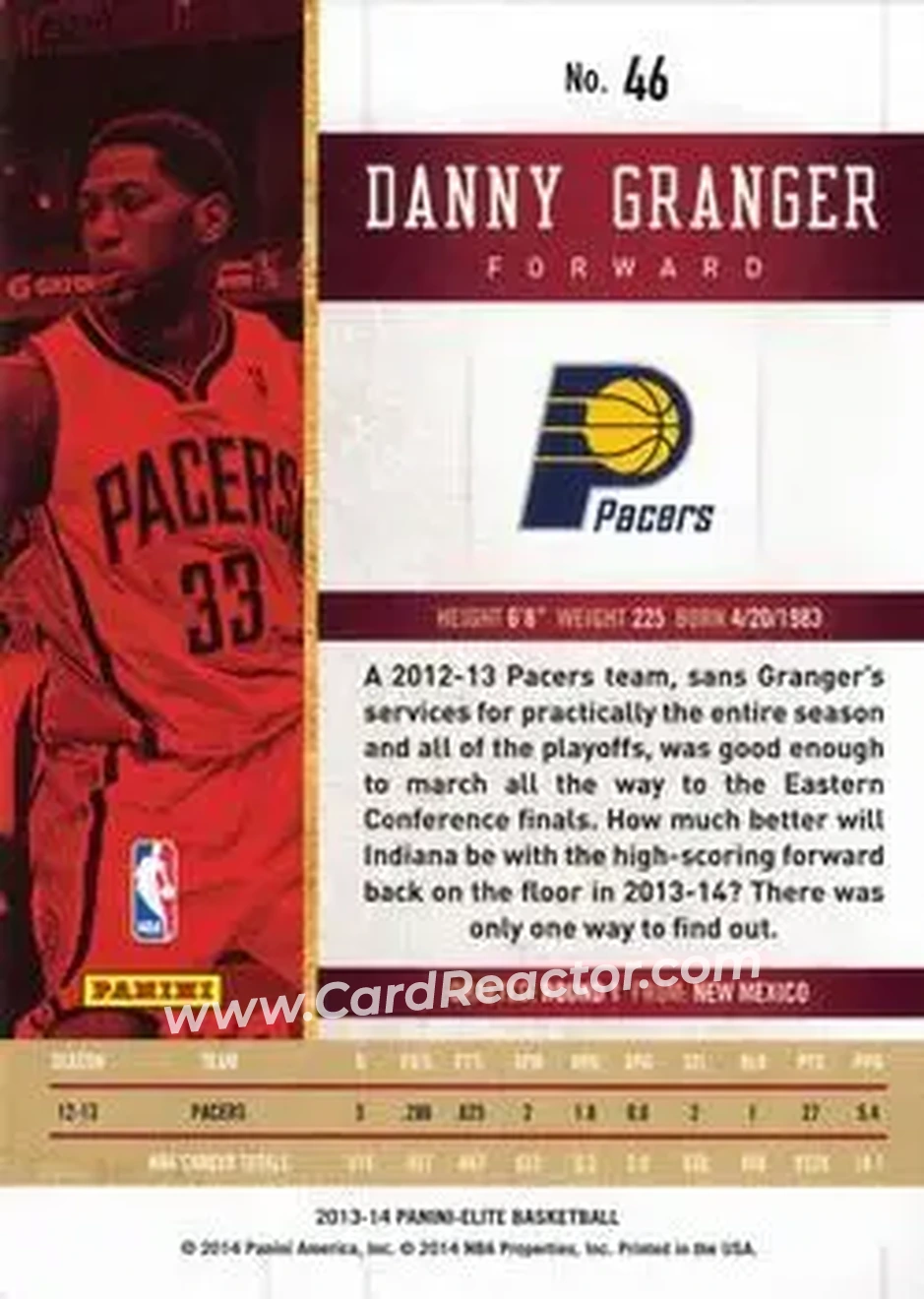 2013-14 Panini Elite #46 - Danny Granger - Indiana Pacers - Back 2013-14 Panini Elite #46 - Danny Granger - Indiana Pacers - Back