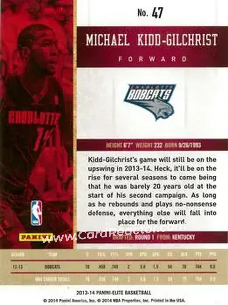 2013-14 Panini Elite #47 - Michael Kidd-Gilchrist - Charlotte Bobcats - Back