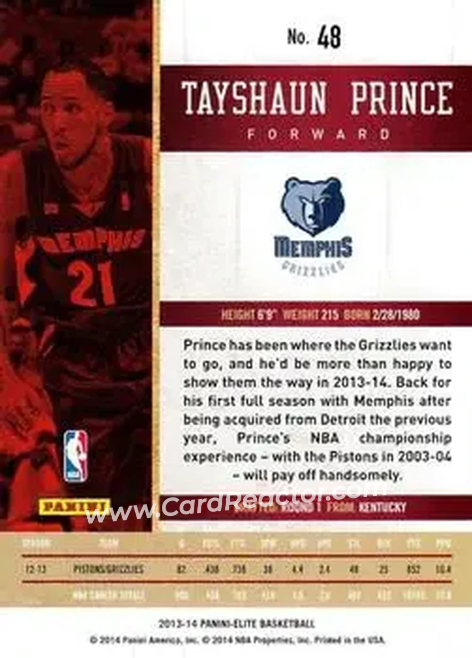 2013-14 Panini Elite #48 - Tayshaun Prince - Memphis Grizzlies - Back