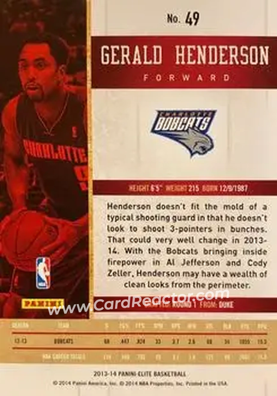 2013-14 Panini Elite #49 - Gerald Henderson - Charlotte Bobcats - Back
