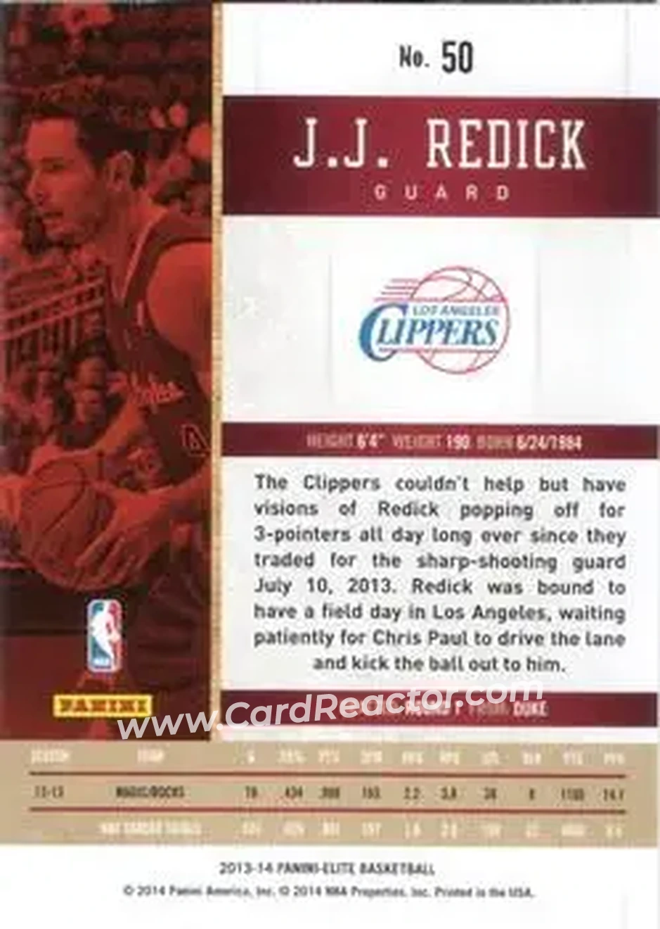 2013-14 Panini Elite #50 - JJ Redick - Los Angeles Clippers - Back 2013-14 Panini Elite #50 - JJ Redick - Los Angeles Clippers - Back