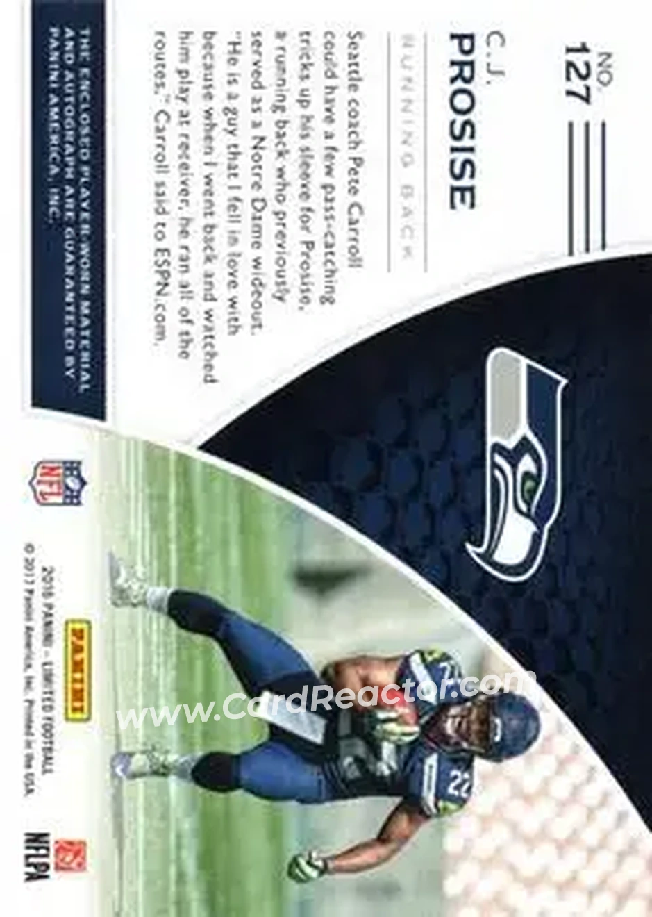 2016 Panini Limited #127 - C.J. Prosise - Seattle Seahawks - Back