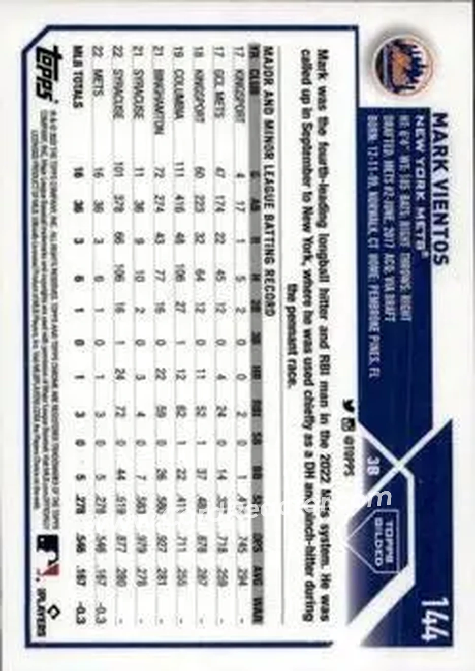 2023 Topps Gilded Collection - RayWave Gold Etch Refractors #144 - Mark Vientos - New York Mets - Back