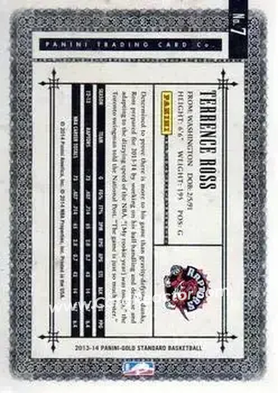 2013-14 Panini Gold Standard #7 - Terrence Ross - Toronto Raptors - Back
