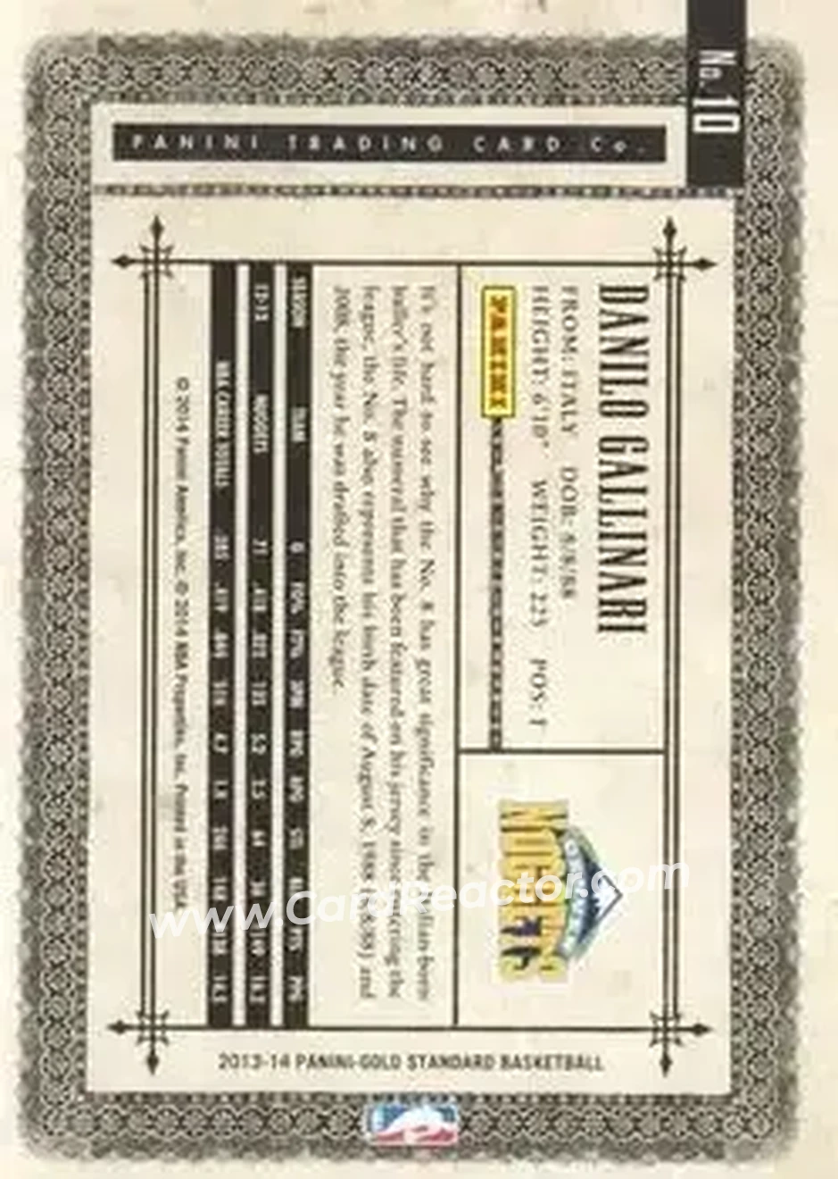 2013-14 Panini Gold Standard #10 - Danilo Gallinari - Denver Nuggets - Back