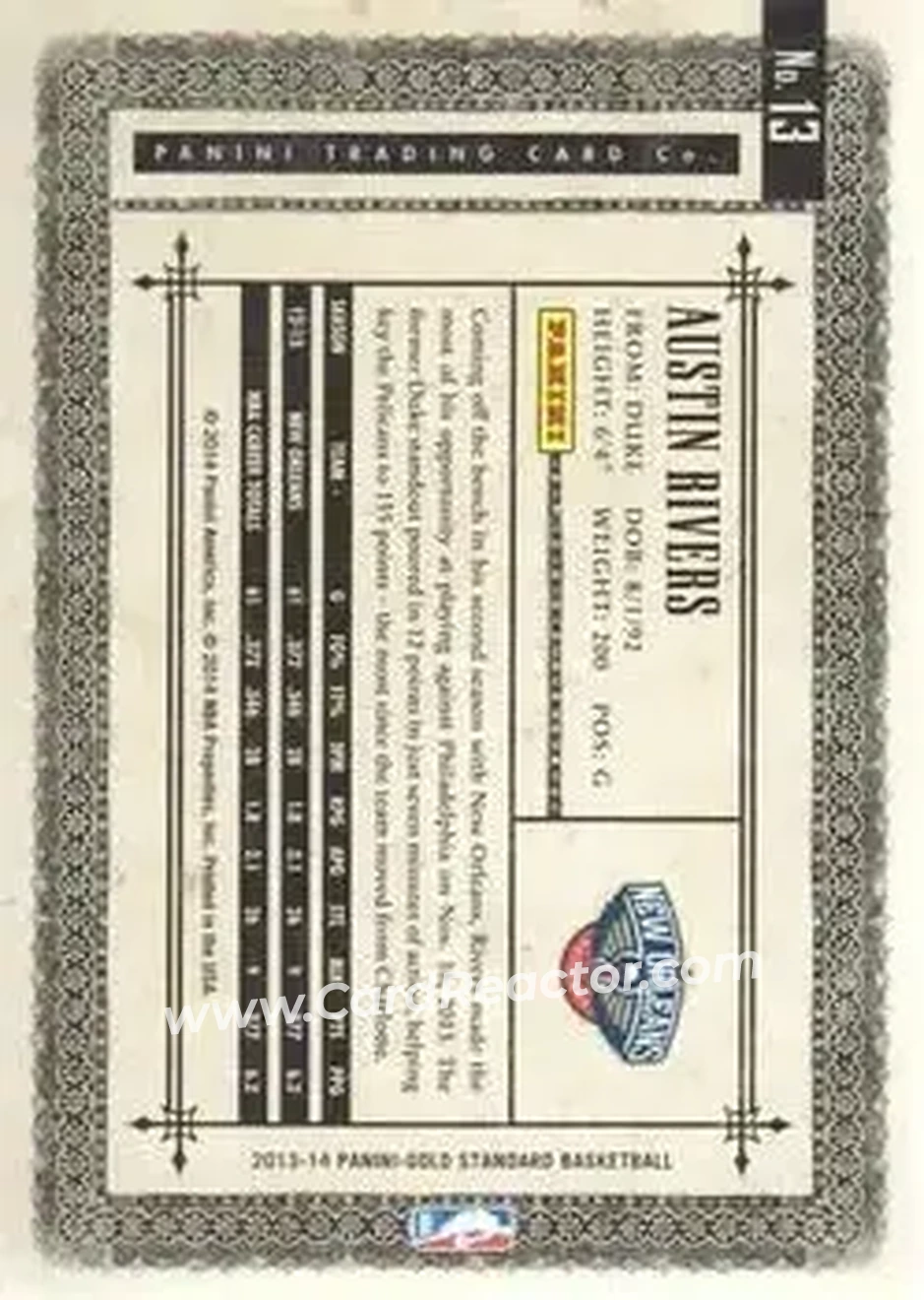 2013-14 Panini Gold Standard #13 - Austin Rivers - New Orleans Pelicans - Back
