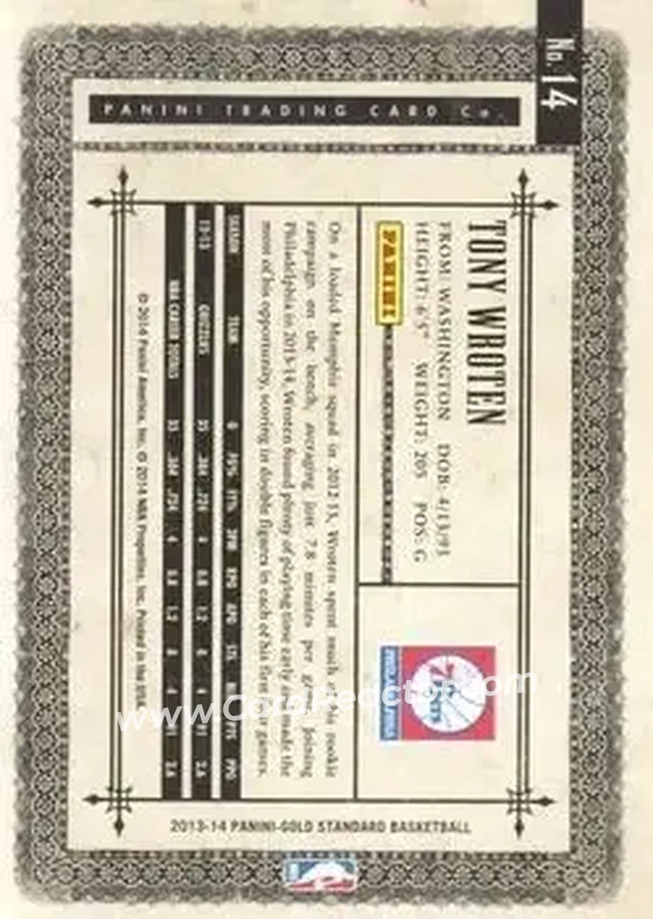2013-14 Panini Gold Standard #14 - Tony Wroten - Philadelphia 76ers - Back