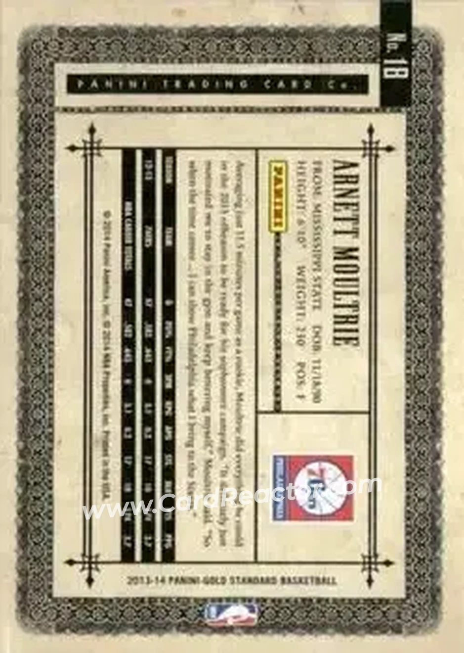 2013-14 Panini Gold Standard #18 - Arnett Moultrie - Philadelphia 76ers - Back