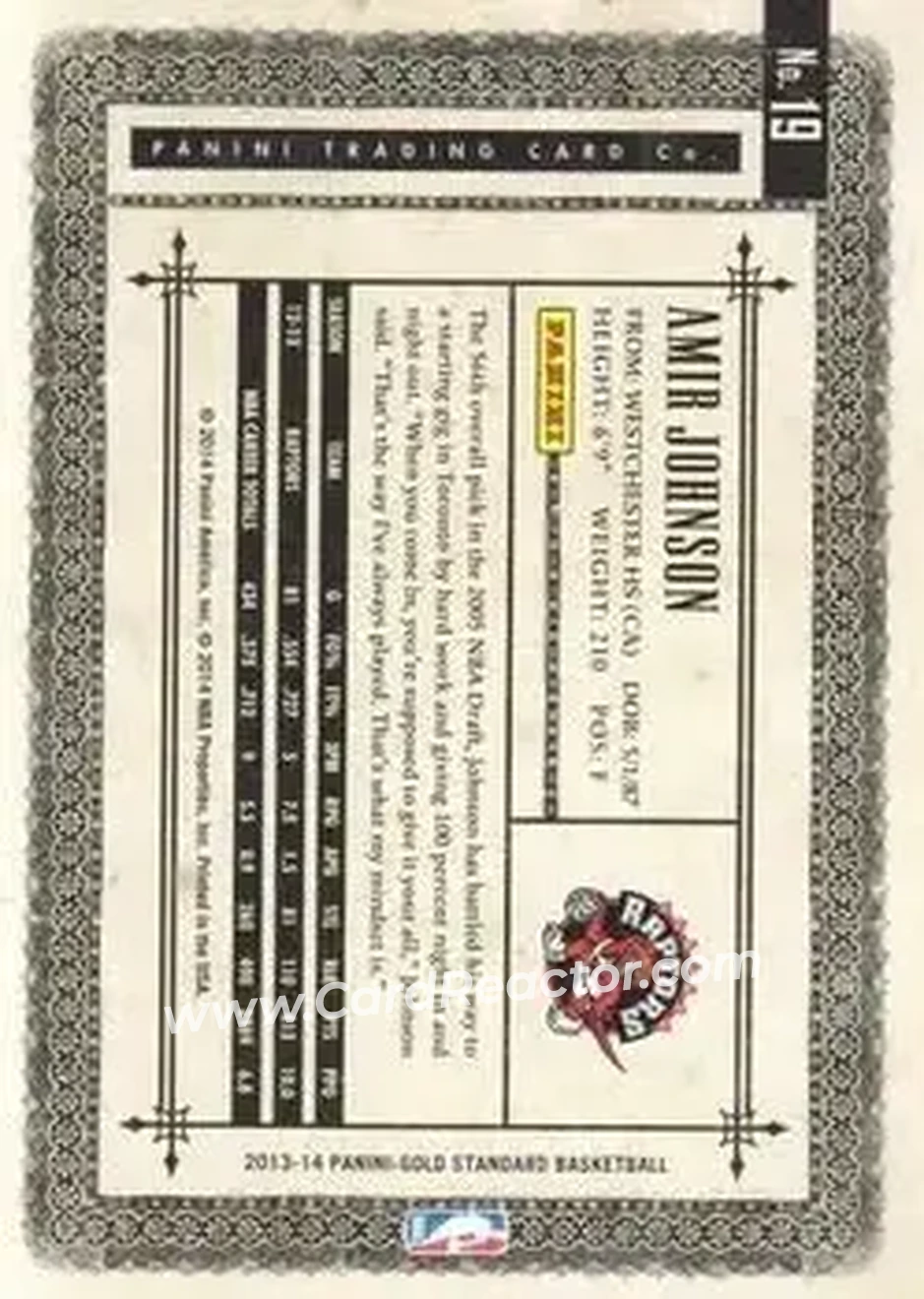 2013-14 Panini Gold Standard #19 - Amir Johnson - Toronto Raptors - Back