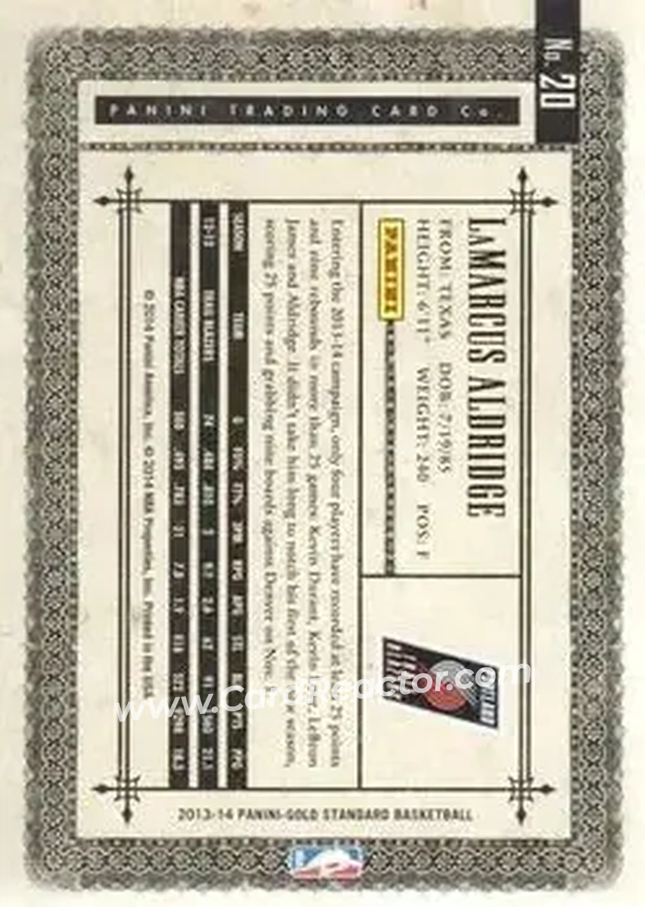 2013-14 Panini Gold Standard #20 - LaMarcus Aldridge - Portland Trail Blazers - Back
