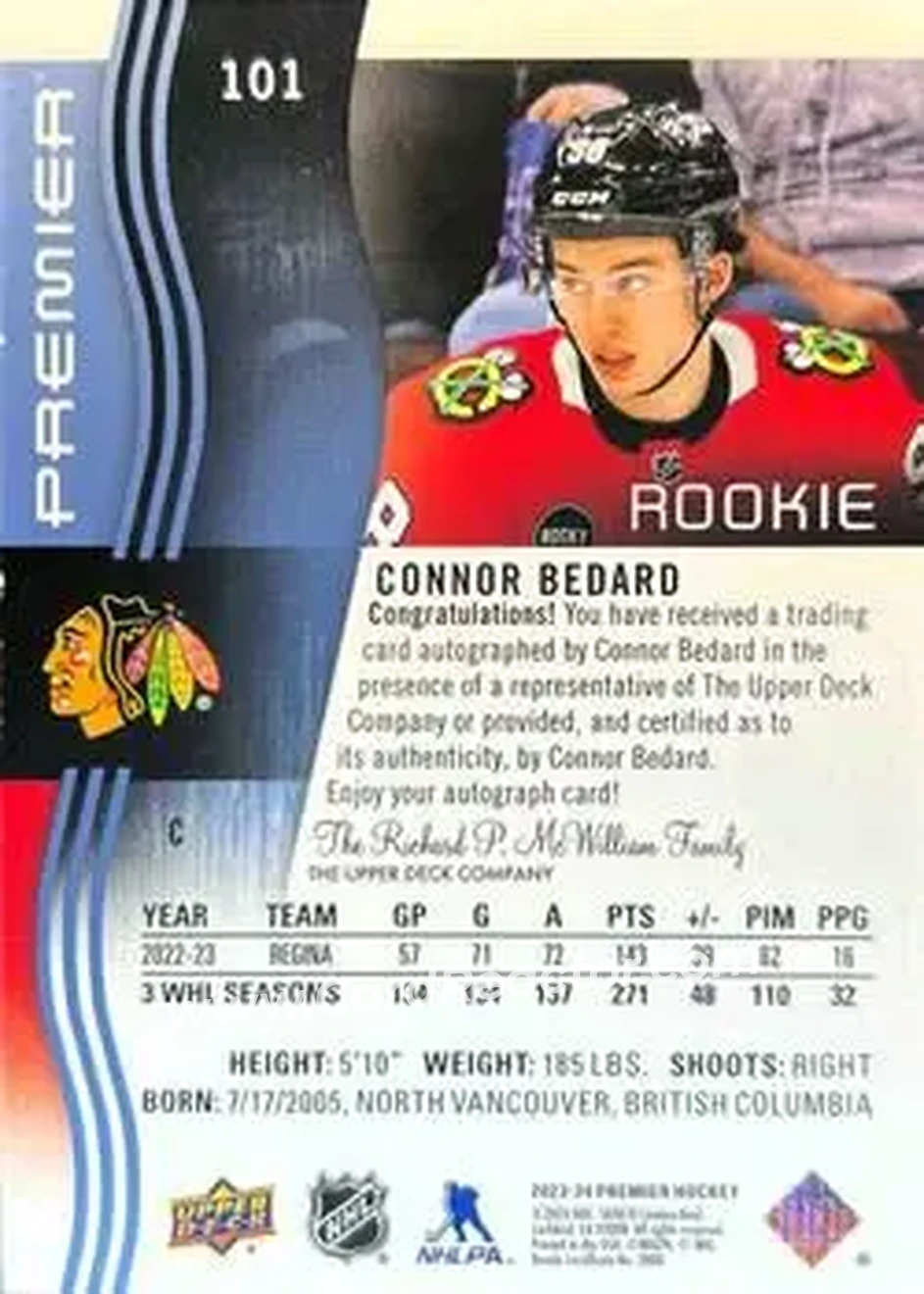 2023-24 Upper Deck Premier - Auto Platinum #101 - Connor Bedard - Chicago Blackhawks - Back