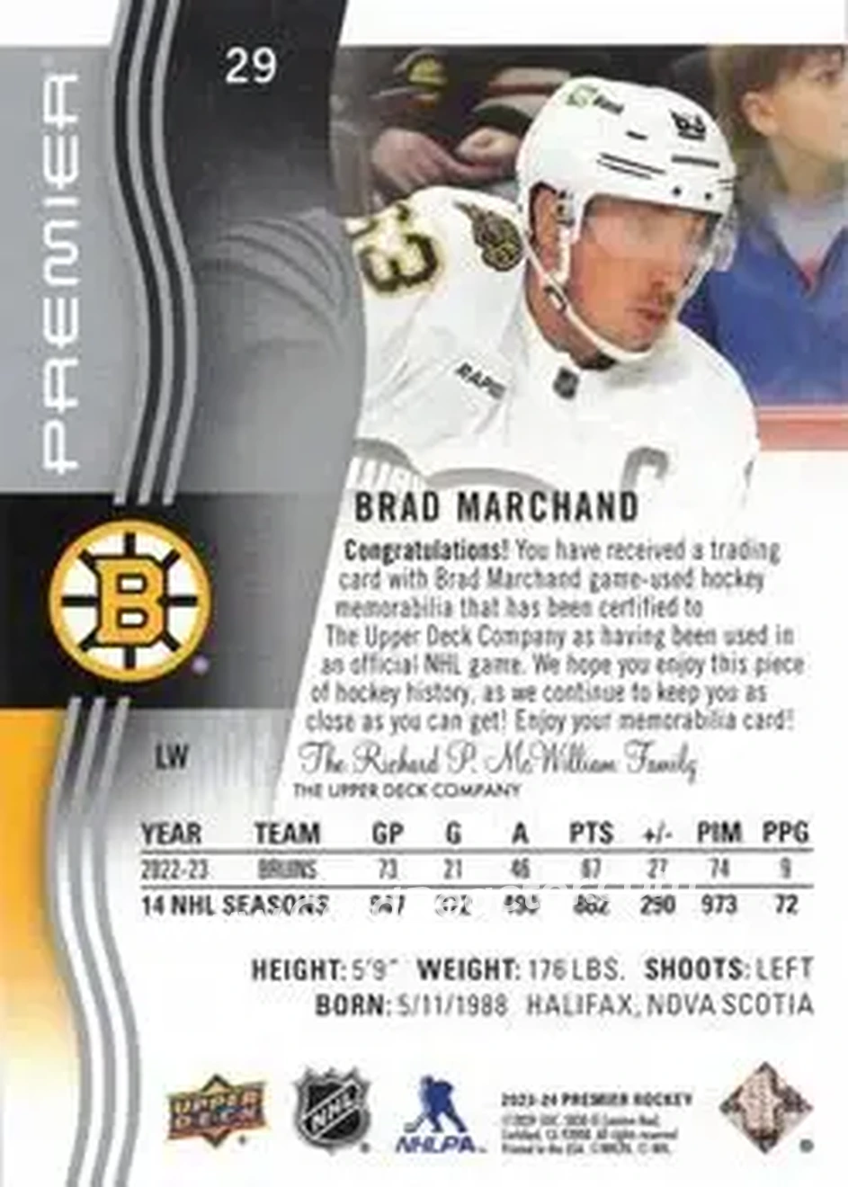 2023-24 Upper Deck Premier - Memorabilia Jersey #29 - Brad Marchand - Boston Bruins - Back