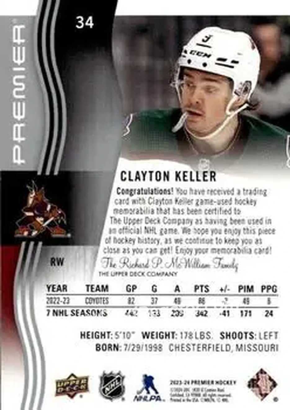 2023-24 Upper Deck Premier - Memorabilia Jersey #34 - Clayton Keller - Arizona Coyotes - Back
