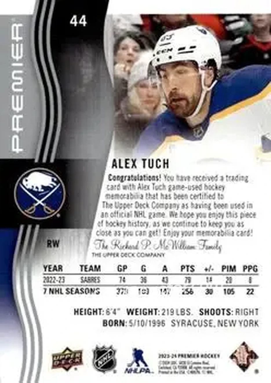 2023-24 Upper Deck Premier - Memorabilia Jersey #44 - Alex Tuch - Buffalo Sabres - Back