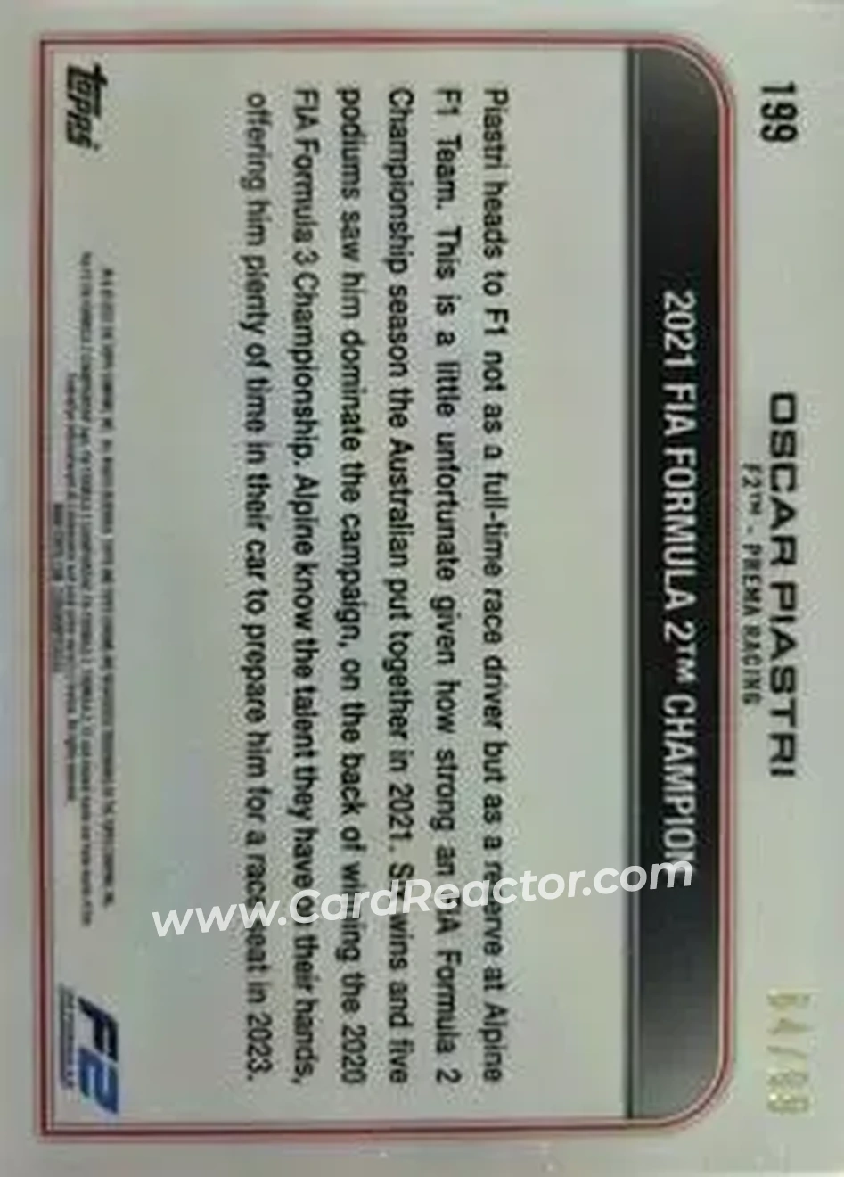 2022 Topps Chrome Sapphire Edition Formula 1 - Aqua #199 - Oscar Piastri - Prema Racing F2 - Back
