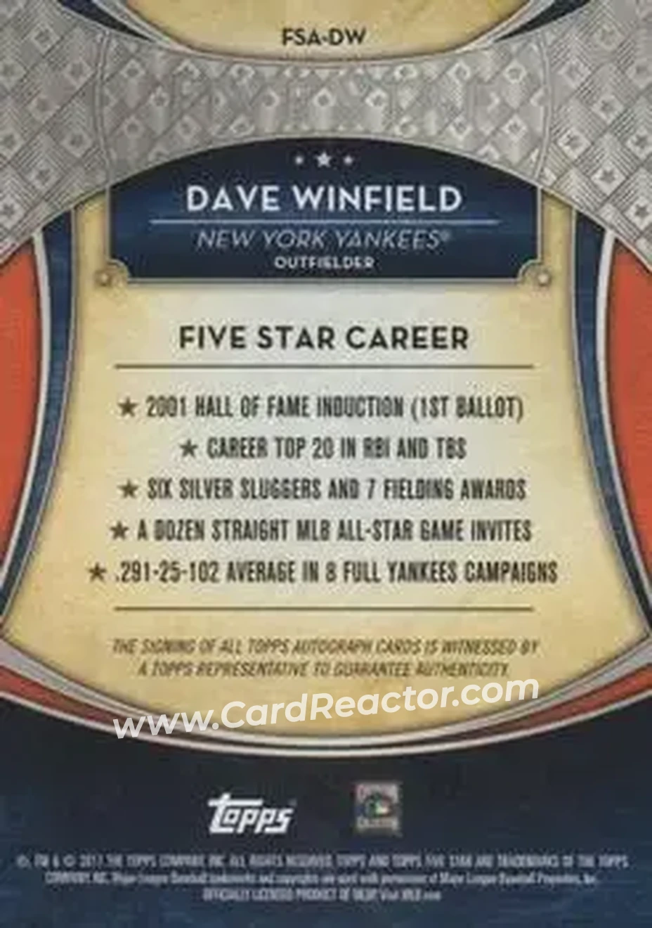 2017 Topps Five Star - Base Autograph Green #FSA-DW - Dave Winfield - New York Yankees - Back