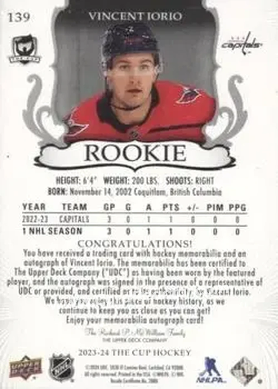 2023-24 Upper Deck The Cup #139 - Vincent Iorio - Washington Capitals - Back 2023-24 Upper Deck The Cup #139 - Vincent Iorio - Washington Capitals - Back
