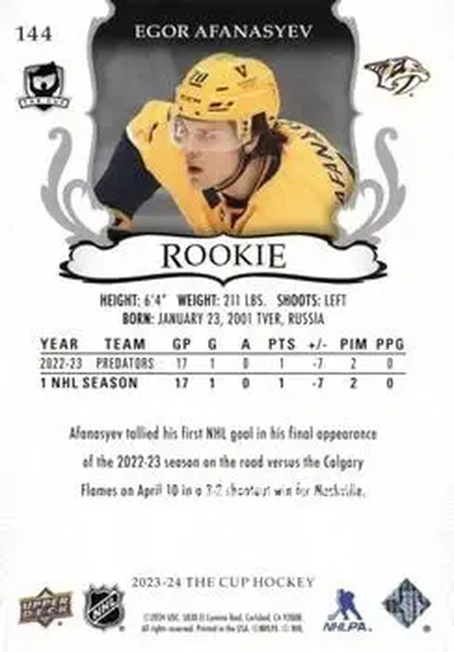 2023-24 Upper Deck The Cup #144 - Egor Afanasyev - Nashville Predators - Back