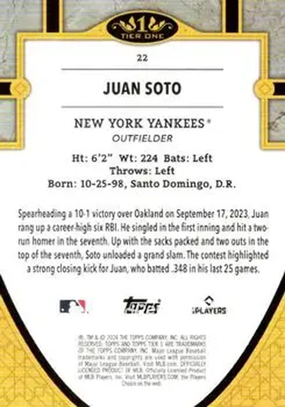 2024 Topps Tier One - Bronze Foil #22 - Juan Soto - New York Yankees - Back