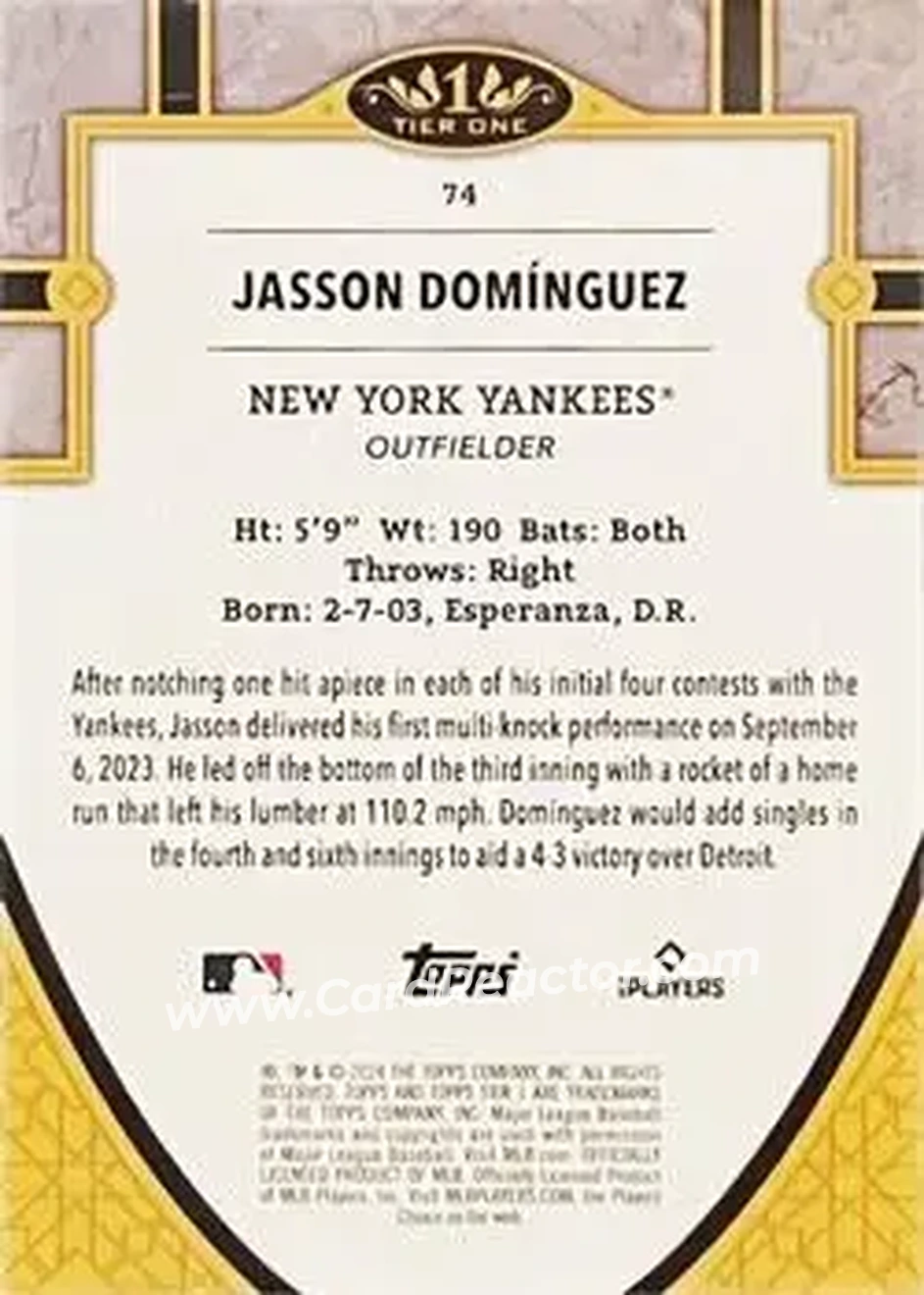2024 Topps Tier One - Bronze Foil #74 - Jasson Domínguez - New York Yankees - Back 2024 Topps Tier One - Bronze Foil #74 - Jasson Domínguez - New York Yankees - Back