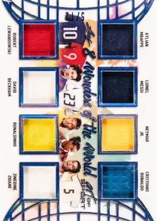2021 Leaf Art of Sport - 8 Wonders of the World Relics Navy #8WW-10 - Kylian Mbappe - Robert Lewandowski - Lionel Messi - David Beckham - Neymar Jr. - Ronaldinho - Cristiano Ronaldo - Zinedine Zidane MEM, SN12