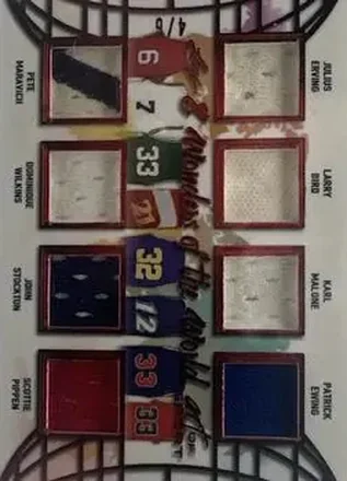 2021 Leaf Art of Sport - 8 Wonders of the World Relics Red #8WW-02 - Julius Erving - Pete Maravich - Larry Bird - Dominique Wilkins - Karl Malone - John Stockton - Patrick Ewing - Scottie Pippen MEM, SN6