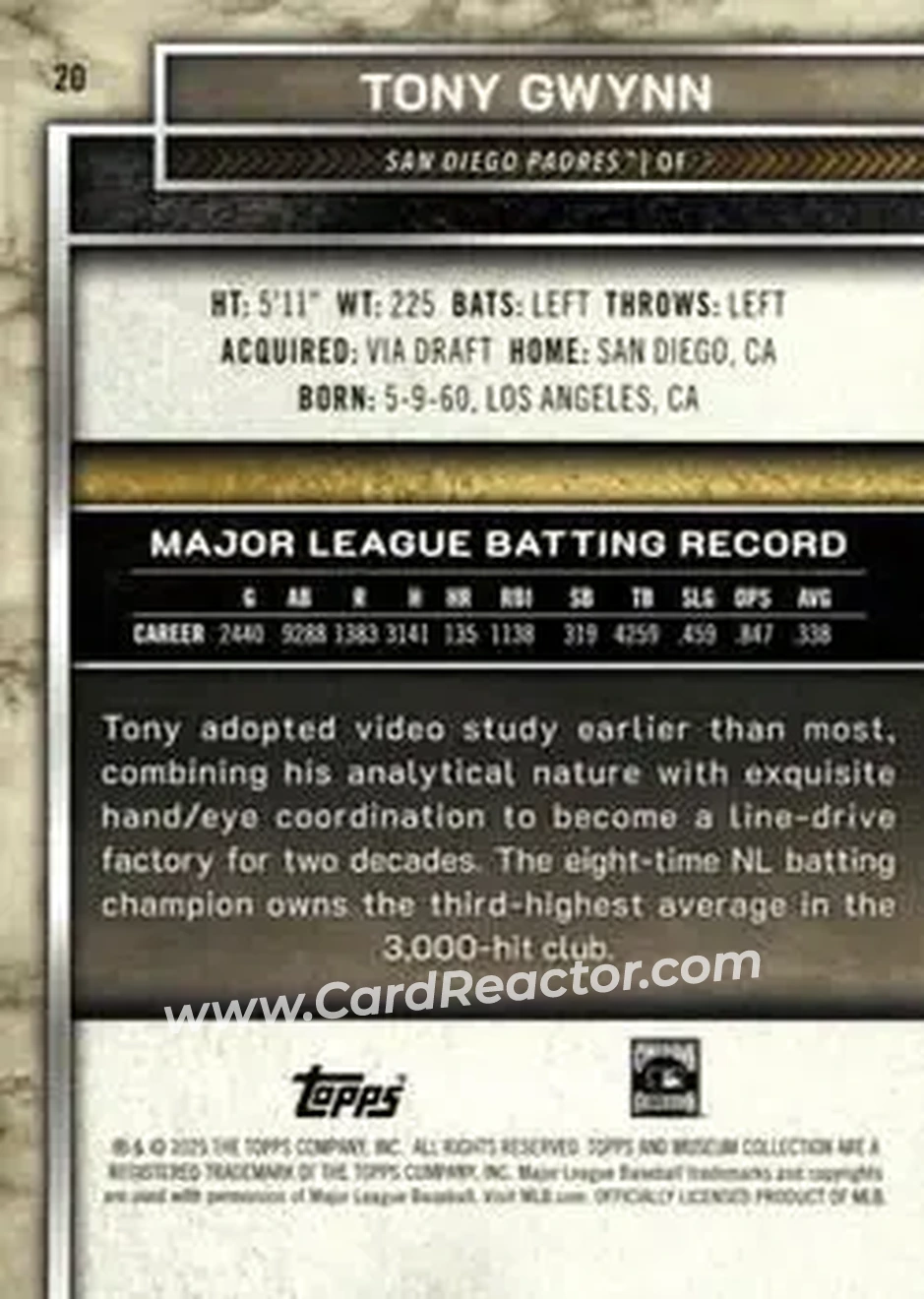 2025 Topps Museum Collection - Bronze #20 - Tony Gwynn - San Diego Padres - Back