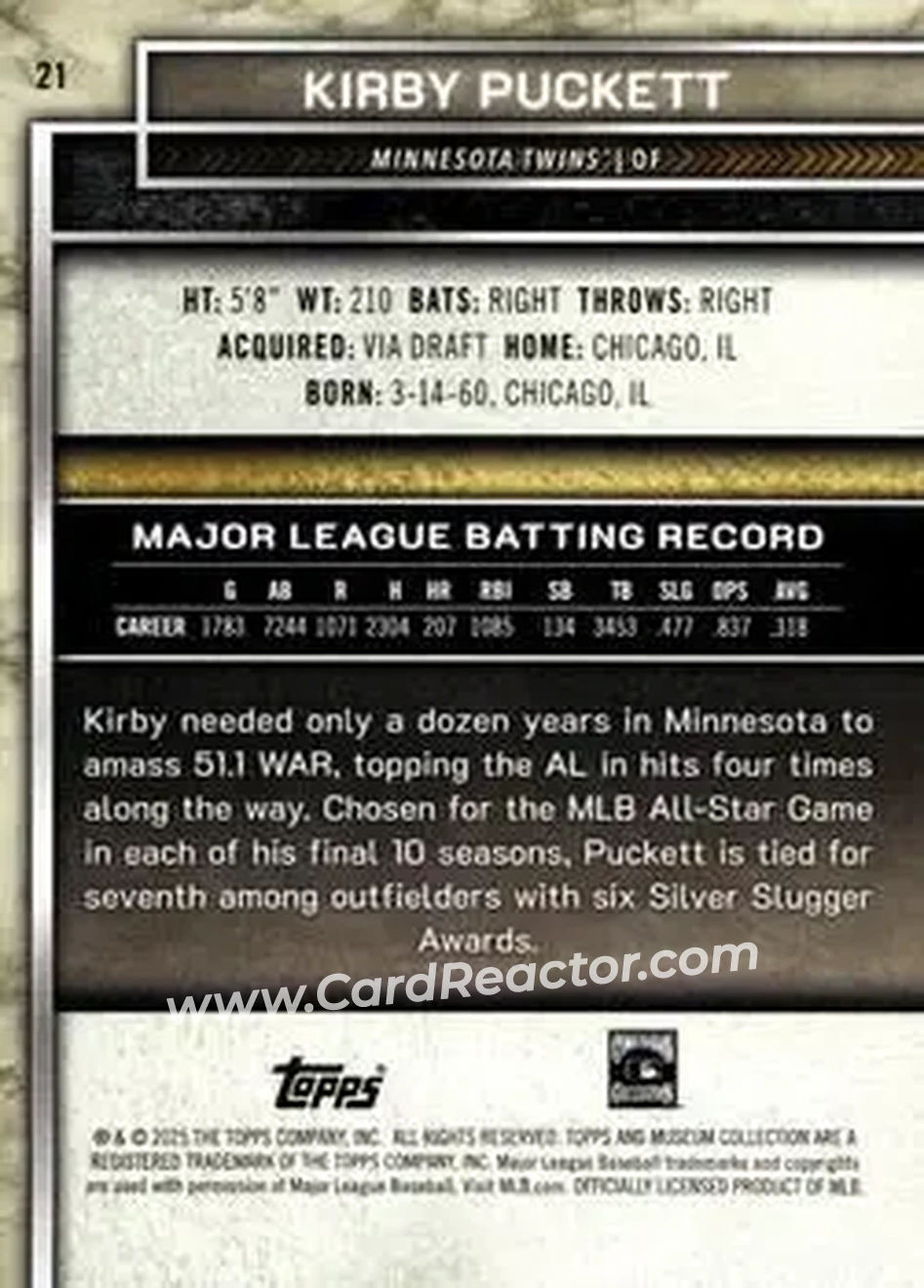 2025 Topps Museum Collection - Bronze #21 - Kirby Puckett - Minnesota Twins - Back