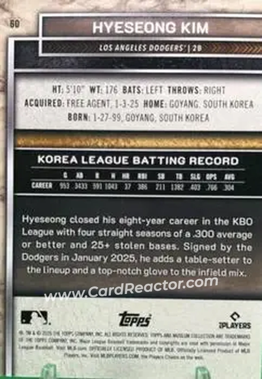 2025 Topps Museum Collection - Diamond #60 - Hyeseong Kim - Los Angeles Dodgers - Back