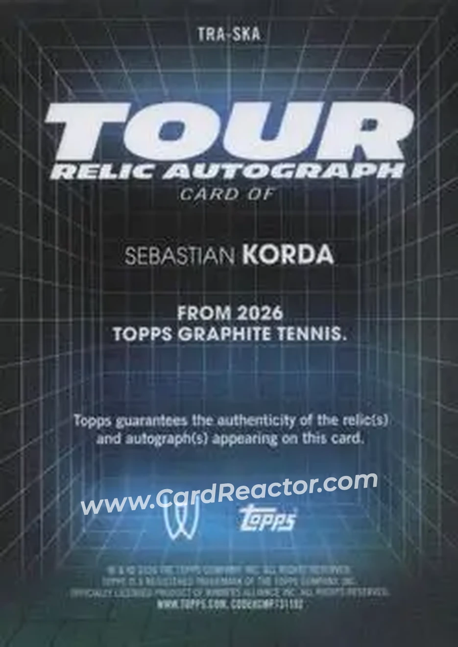 2026 Topps Graphite - Tour Relic Autographs #TRA-SKA - Sebastian Korda - Back