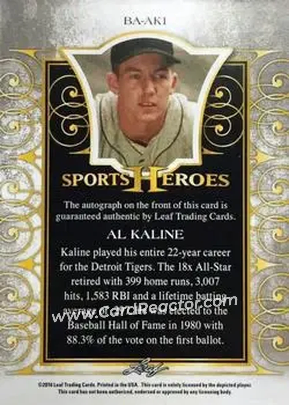 2016 Leaf Sports Heroes - Gold #BA-AK1 - Al Kaline - Detroit Tigers - Back