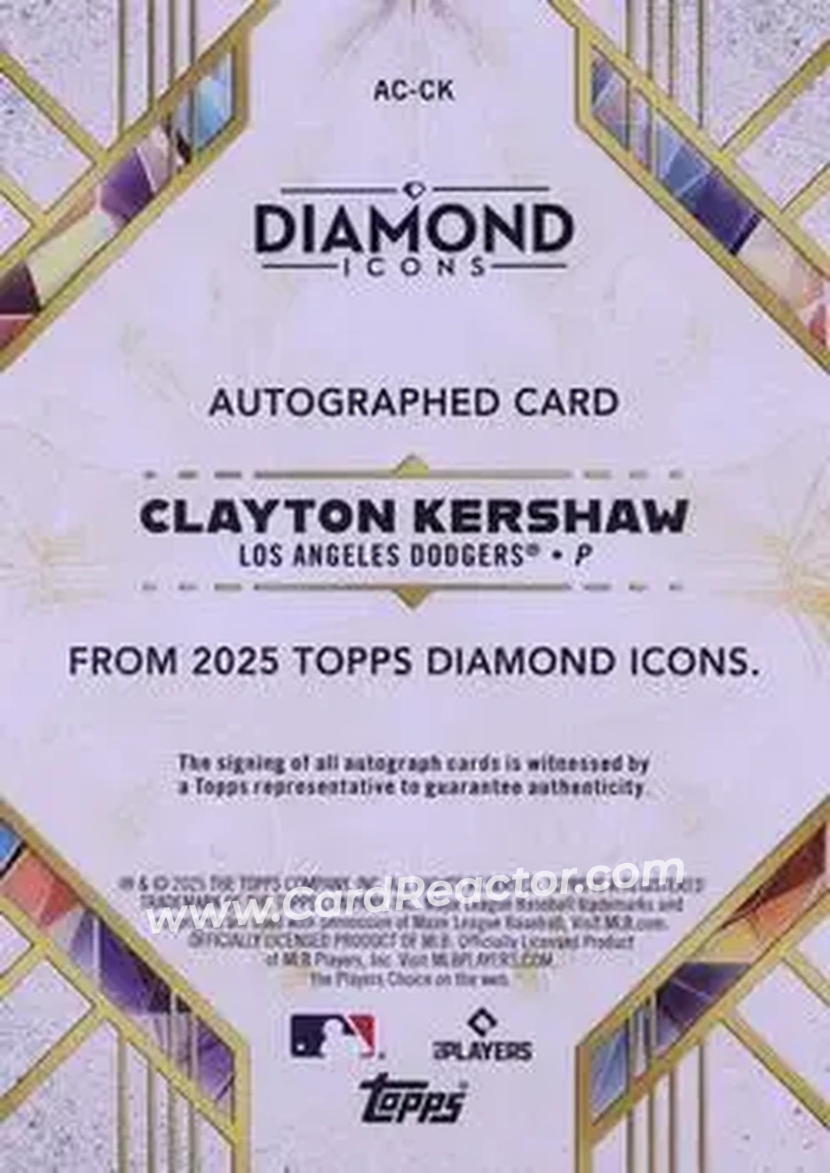 2025 Topps Diamond Icons - Base Autographs Gold #AC-CK - Clayton Kershaw - Los Angeles Dodgers - Back