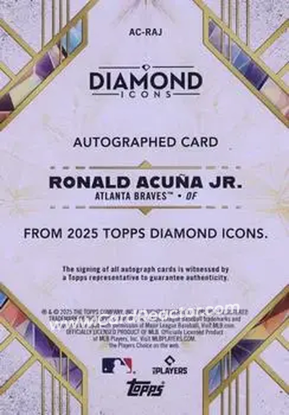 2025 Topps Diamond Icons - Base Autographs Gold #AC-RAJ - Ronald Acuña Jr. - Atlanta Braves - Back