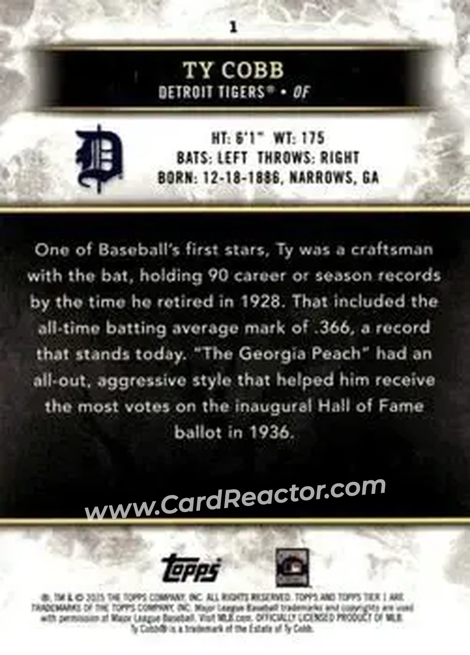 2025 Topps Tier One - Red Foil #1 - Ty Cobb - Detroit Tigers - Back 2025 Topps Tier One - Red Foil #1 - Ty Cobb - Detroit Tigers - Back